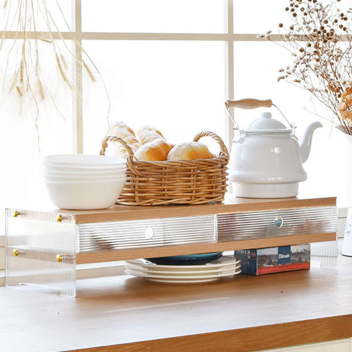 キッチンラック アクリル 収納棚 ワイドタイプ ( キッチン収納 ディッシュラック 収納ラック カウンター上 シェルフ 引出し 木目調 卓上 モニター台 デスク収納 ディスプレイ リブ 透け感 耐久性 丈夫 おしゃれ )