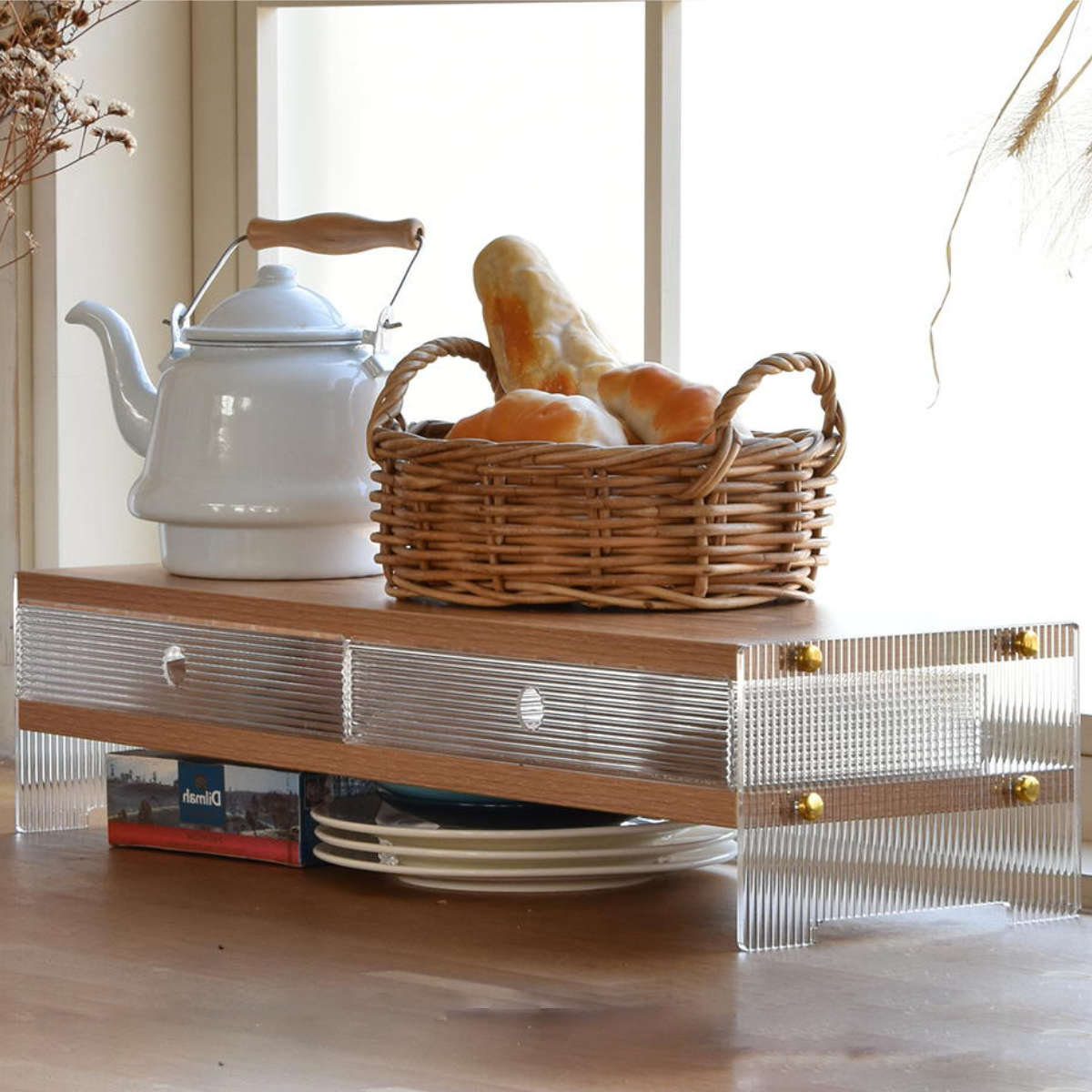 キッチンラック アクリル 収納棚 ワイドタイプ ( キッチン収納 ディッシュラック 収納ラック カウンター上 シェルフ 引出し 木目調 卓上 モニター台 デスク収納 ディスプレイ リブ 透け感 耐久性 丈夫 おしゃれ )