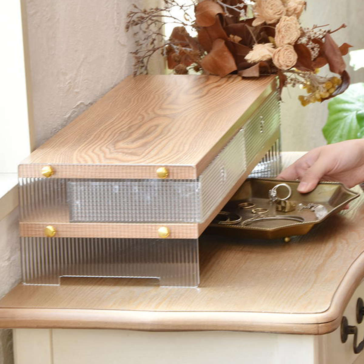 キッチンラック アクリル 収納棚 ワイドタイプ ( キッチン収納 ディッシュラック 収納ラック カウンター上 シェルフ 引出し 木目調 卓上 モニター台 デスク収納 ディスプレイ リブ 透け感 耐久性 丈夫 おしゃれ )