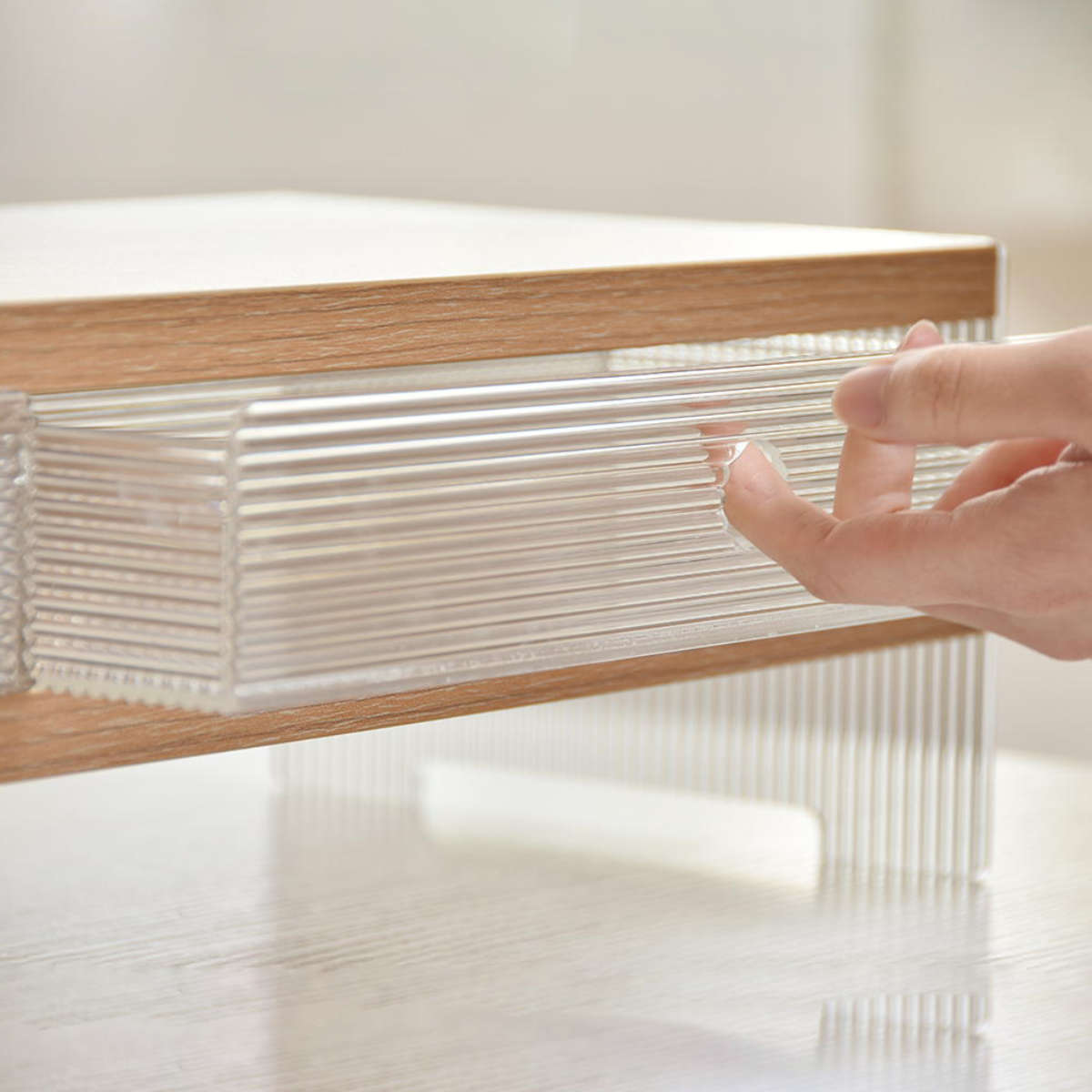 キッチンラック アクリル 収納棚 ワイドタイプ ( キッチン収納 ディッシュラック 収納ラック カウンター上 シェルフ 引出し 木目調 卓上 モニター台 デスク収納 ディスプレイ リブ 透け感 耐久性 丈夫 おしゃれ )