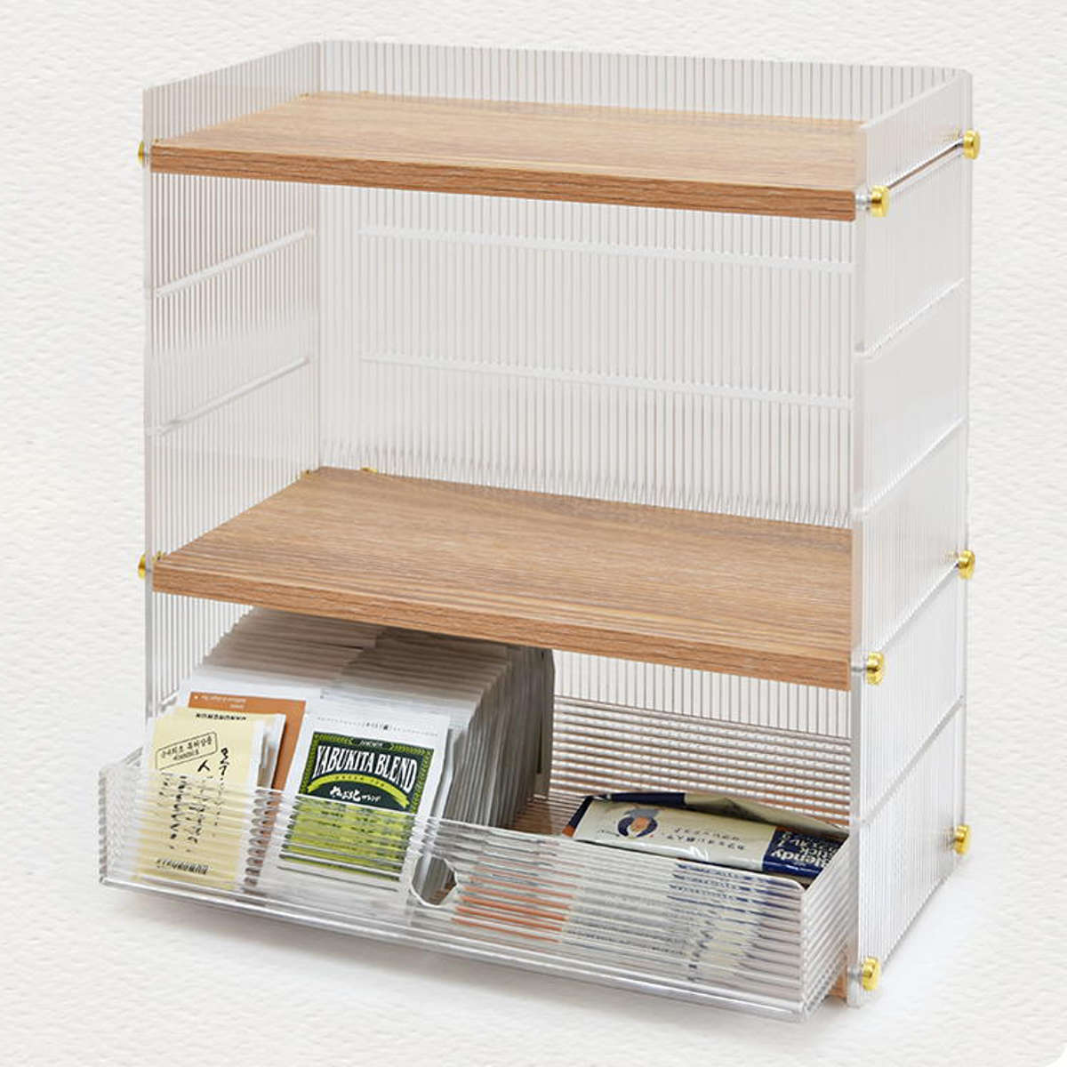 キッチンラック アクリル 引出し 収納棚 1段 ( キッチン収納 スパイスラック 調味料ラック 収納ラック カウンター上 シェルフ 木目調 卓上 ボトルラック デスク収納 リビング コスメ ディスプレイ リブ 透け感 丈夫 おしゃれ )