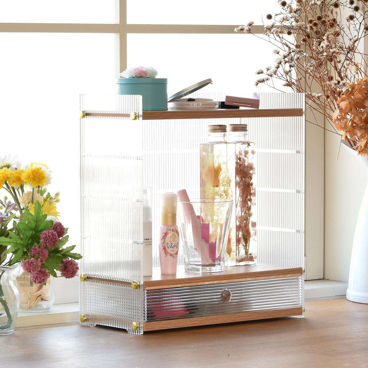 キッチンラック アクリル 引出し 収納棚 1段 ( キッチン収納 スパイスラック 調味料ラック 収納ラック カウンター上 シェルフ 木目調 卓上 ボトルラック デスク収納 リビング コスメ ディスプレイ リブ 透け感 丈夫 おしゃれ )