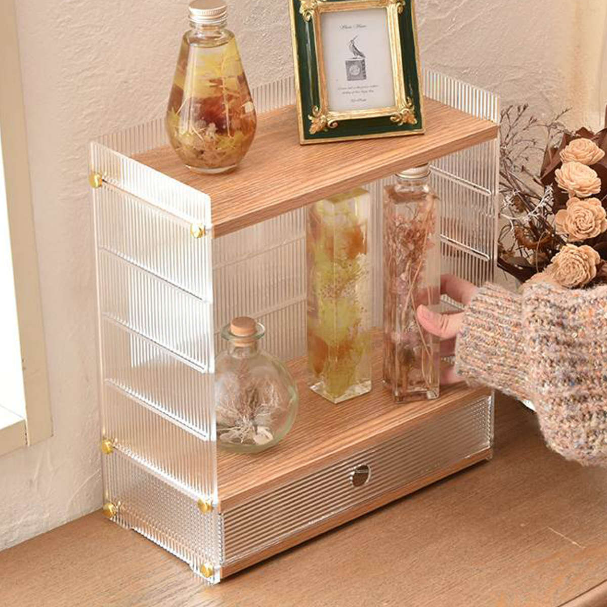 キッチンラック アクリル 引出し 収納棚 1段 ( キッチン収納 スパイスラック 調味料ラック 収納ラック カウンター上 シェルフ 木目調 卓上 ボトルラック デスク収納 リビング コスメ ディスプレイ リブ 透け感 丈夫 おしゃれ )