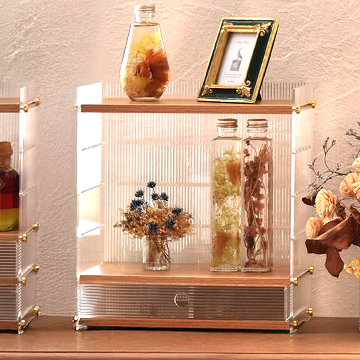 キッチンラック アクリル 引出し 収納棚 1段 ( キッチン収納 スパイスラック 調味料ラック 収納ラック カウンター上 シェルフ 木目調 卓上 ボトルラック デスク収納 リビング コスメ ディスプレイ リブ 透け感 丈夫 おしゃれ )