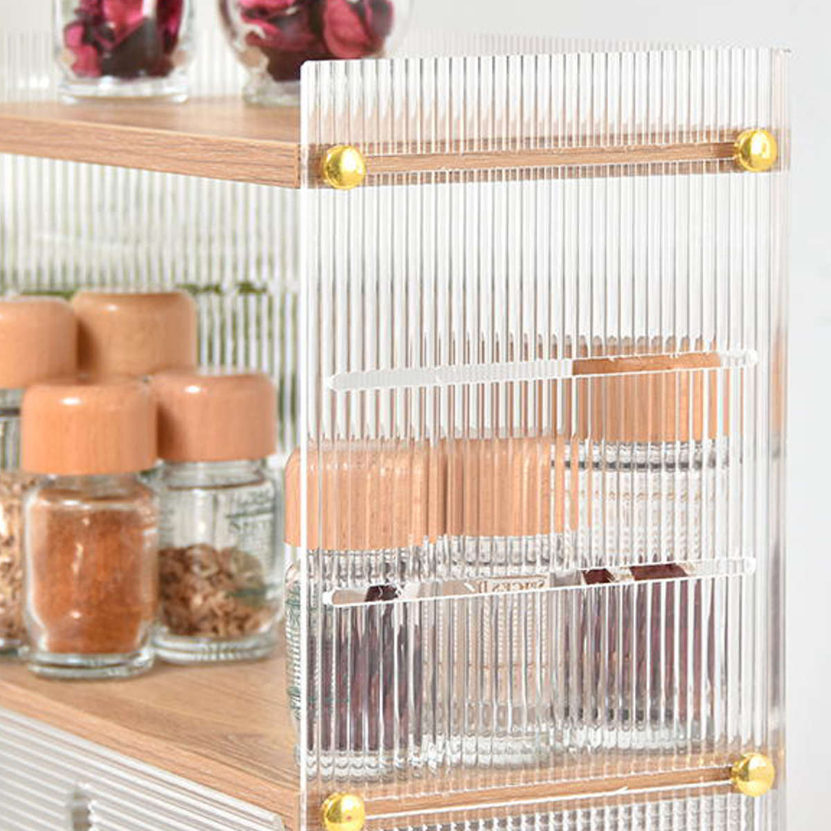 キッチンラック アクリル 引出し 収納棚 1段 ( キッチン収納 スパイスラック 調味料ラック 収納ラック カウンター上 シェルフ 木目調 卓上 ボトルラック デスク収納 リビング コスメ ディスプレイ リブ 透け感 丈夫 おしゃれ )