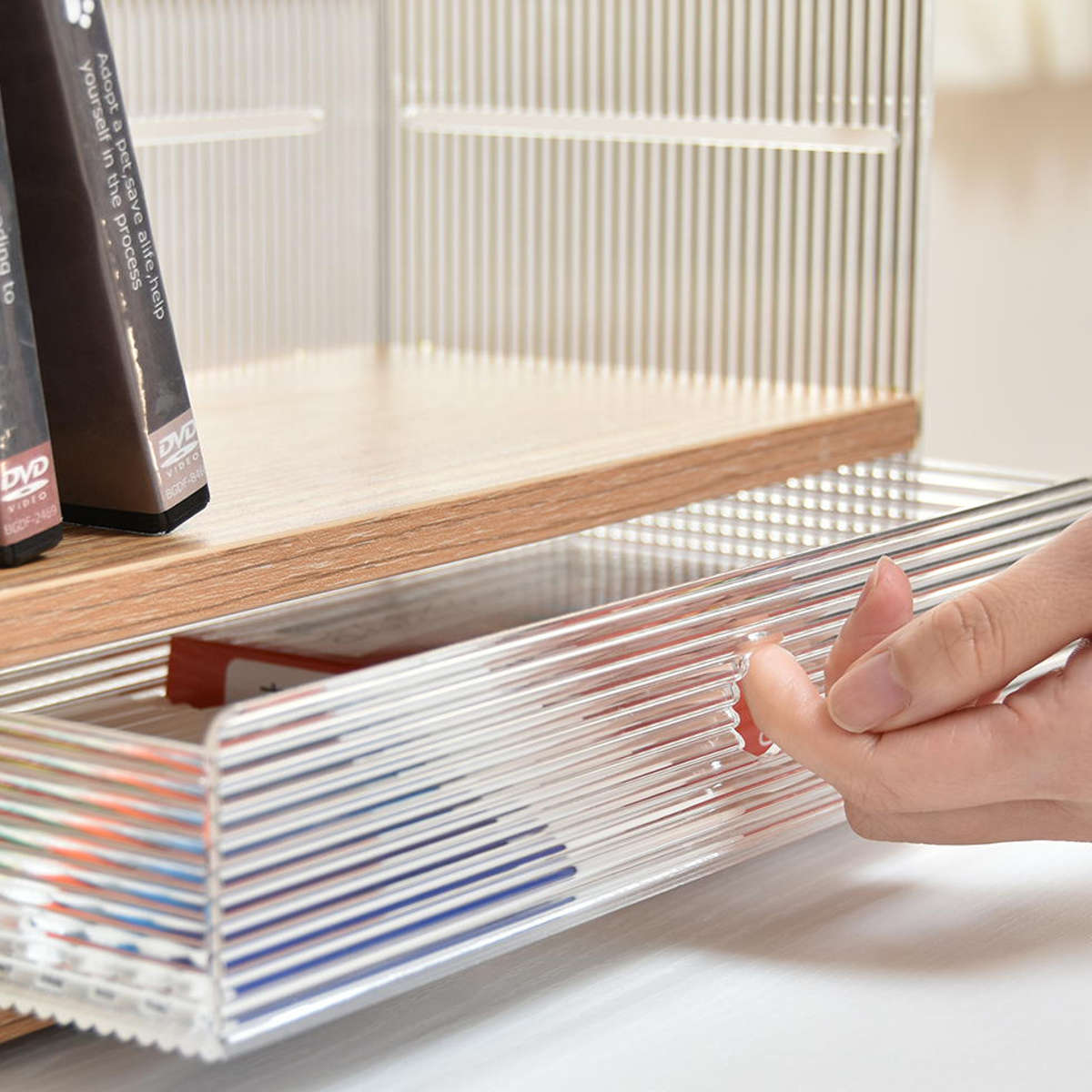 キッチンラック アクリル 引出し 収納棚 1段 ( キッチン収納 スパイスラック 調味料ラック 収納ラック カウンター上 シェルフ 木目調 卓上 ボトルラック デスク収納 リビング コスメ ディスプレイ リブ 透け感 丈夫 おしゃれ )