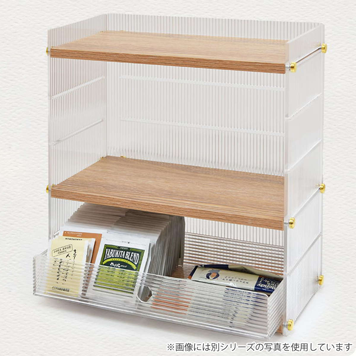 キッチンラック アクリル 引出し 収納棚 2段 ( キッチン収納 スパイスラック 調味料ラック 収納ラック カウンター上 シェルフ 木目調 卓上 ボトルラック デスク収納 リビング コスメ ディスプレイ リブ 透け感 丈夫 おしゃれ )