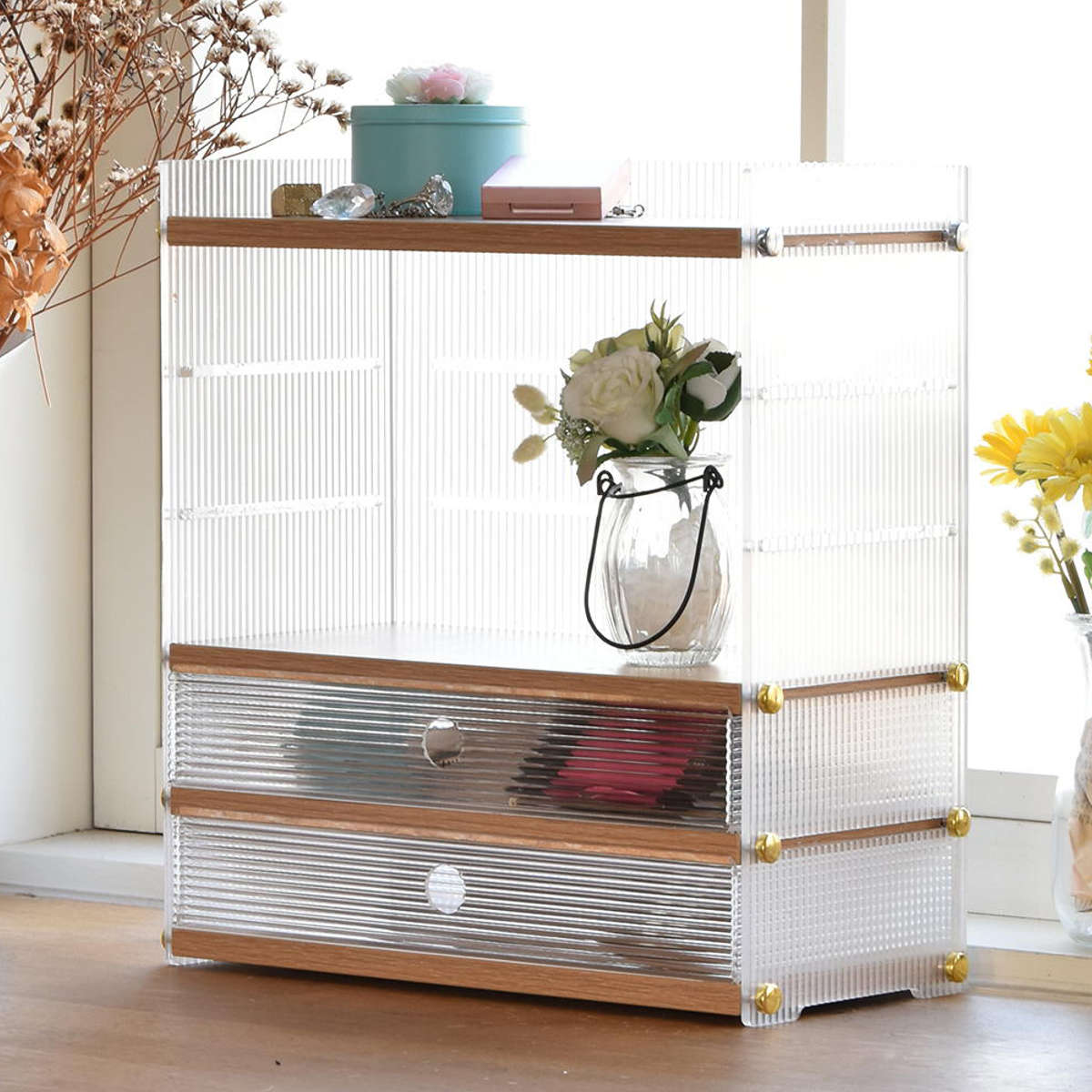 キッチンラック アクリル 引出し 収納棚 2段 ( キッチン収納 スパイスラック 調味料ラック 収納ラック カウンター上 シェルフ 木目調 卓上 ボトルラック デスク収納 リビング コスメ ディスプレイ リブ 透け感 丈夫 おしゃれ )