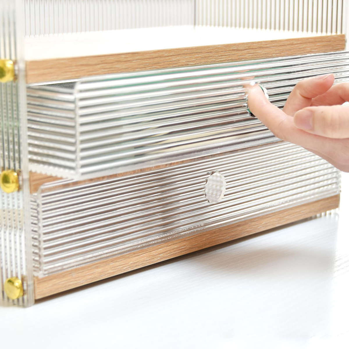 キッチンラック アクリル 引出し 収納棚 2段 ( キッチン収納 スパイスラック 調味料ラック 収納ラック カウンター上 シェルフ 木目調 卓上 ボトルラック デスク収納 リビング コスメ ディスプレイ リブ 透け感 丈夫 おしゃれ )