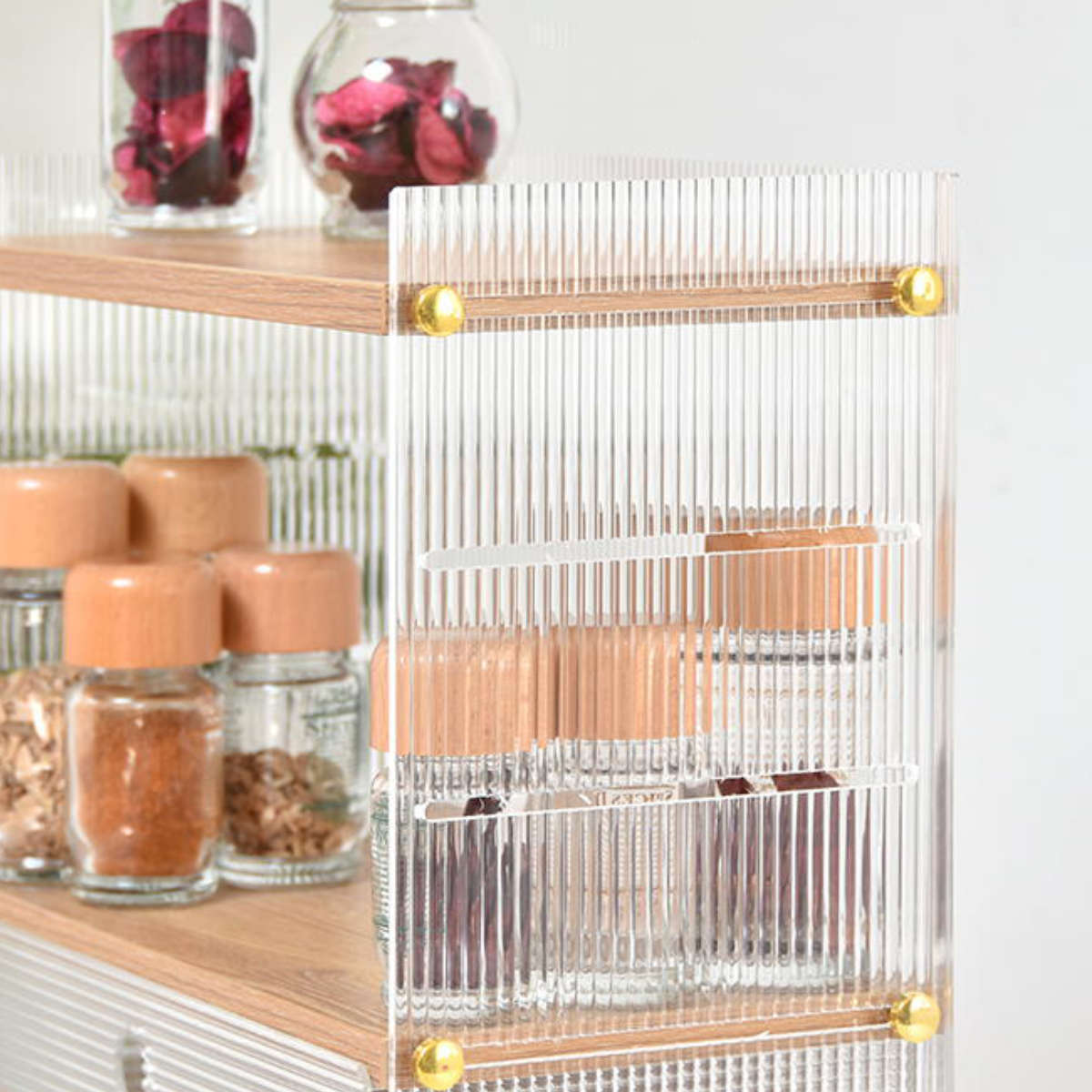 キッチンラック アクリル 引出し 収納棚 2段 ( キッチン収納 スパイスラック 調味料ラック 収納ラック カウンター上 シェルフ 木目調 卓上 ボトルラック デスク収納 リビング コスメ ディスプレイ リブ 透け感 丈夫 おしゃれ )