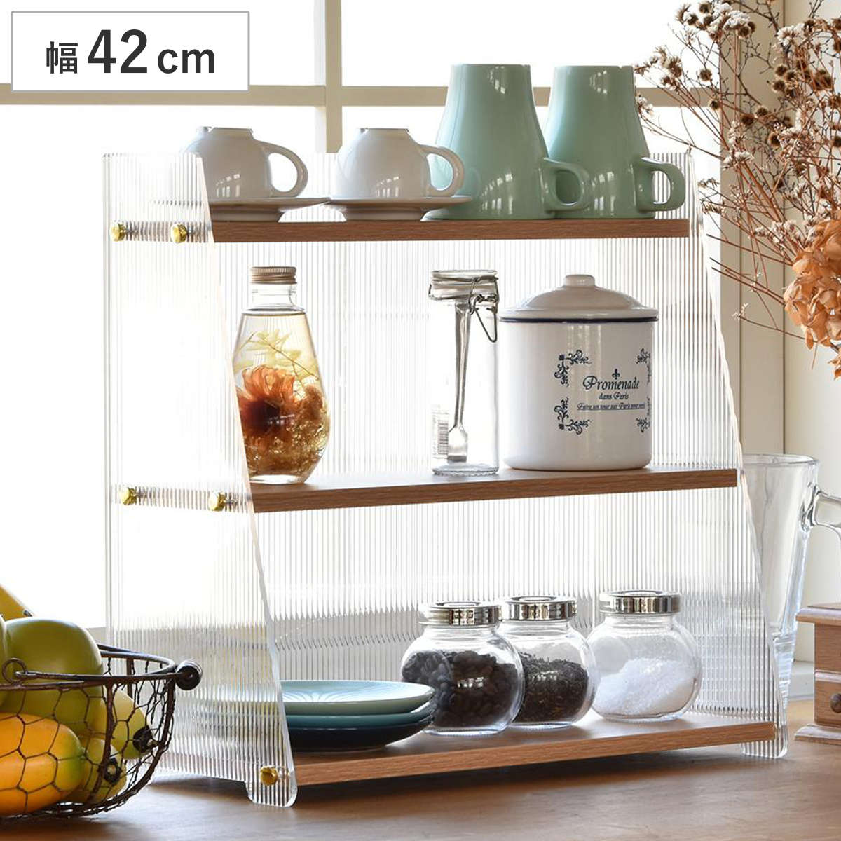 キッチンラック アクリル 三角 収納棚 3段 ( キッチン収納 スパイスラック ディスプレイ ひな壇 収納ラック カウンター上 シェルフ 木目調 卓上 ディスプレイラック デスク収納 リビング コスメ リブ 透け感 丈夫 おしゃれ )