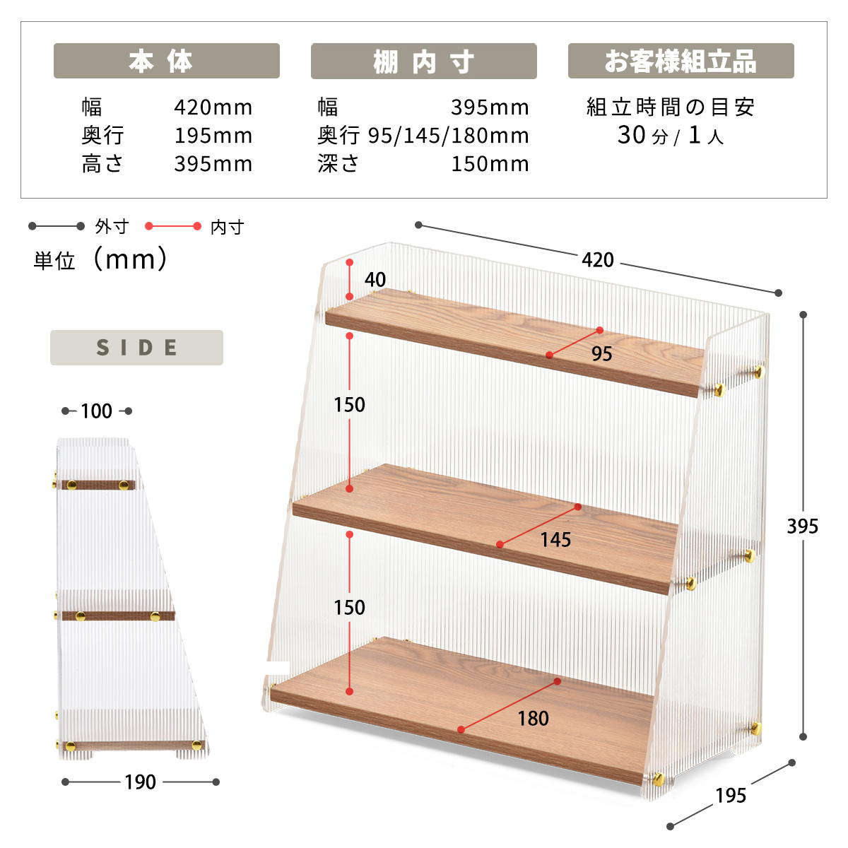 キッチンラック アクリル 三角 収納棚 3段 ( キッチン収納 スパイスラック ディスプレイ ひな壇 収納ラック カウンター上 シェルフ 木目調 卓上 ディスプレイラック デスク収納 リビング コスメ リブ 透け感 丈夫 おしゃれ )