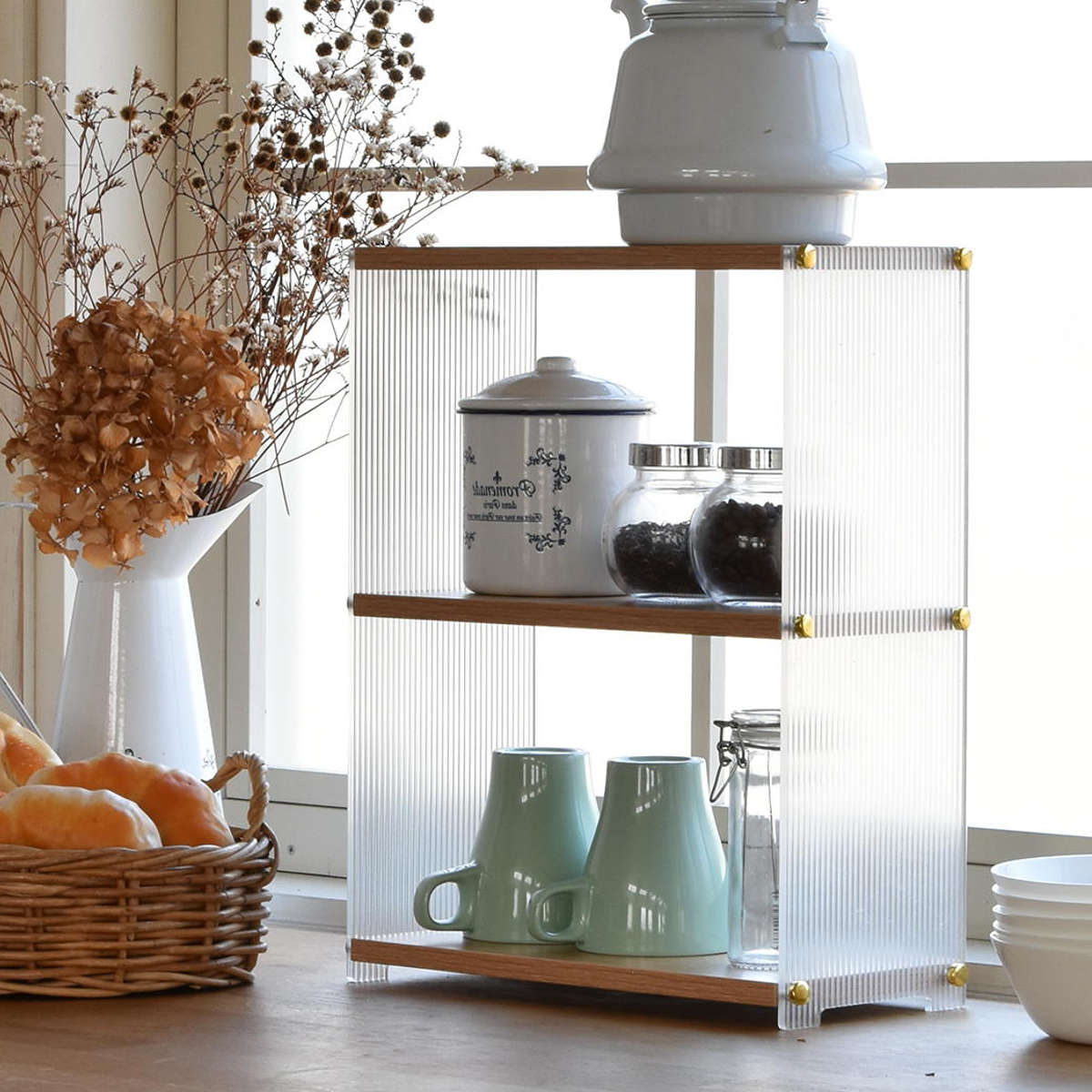 キッチンラック アクリル 収納棚 3段 ( キッチン収納 スパイスラック 調味料ラック 収納ラック カウンター上 シェルフ 木目調 卓上 ディスプレイラック オープンシェルフ デスク収納 リビング コスメ リブ 透け感 丈夫 おしゃれ )