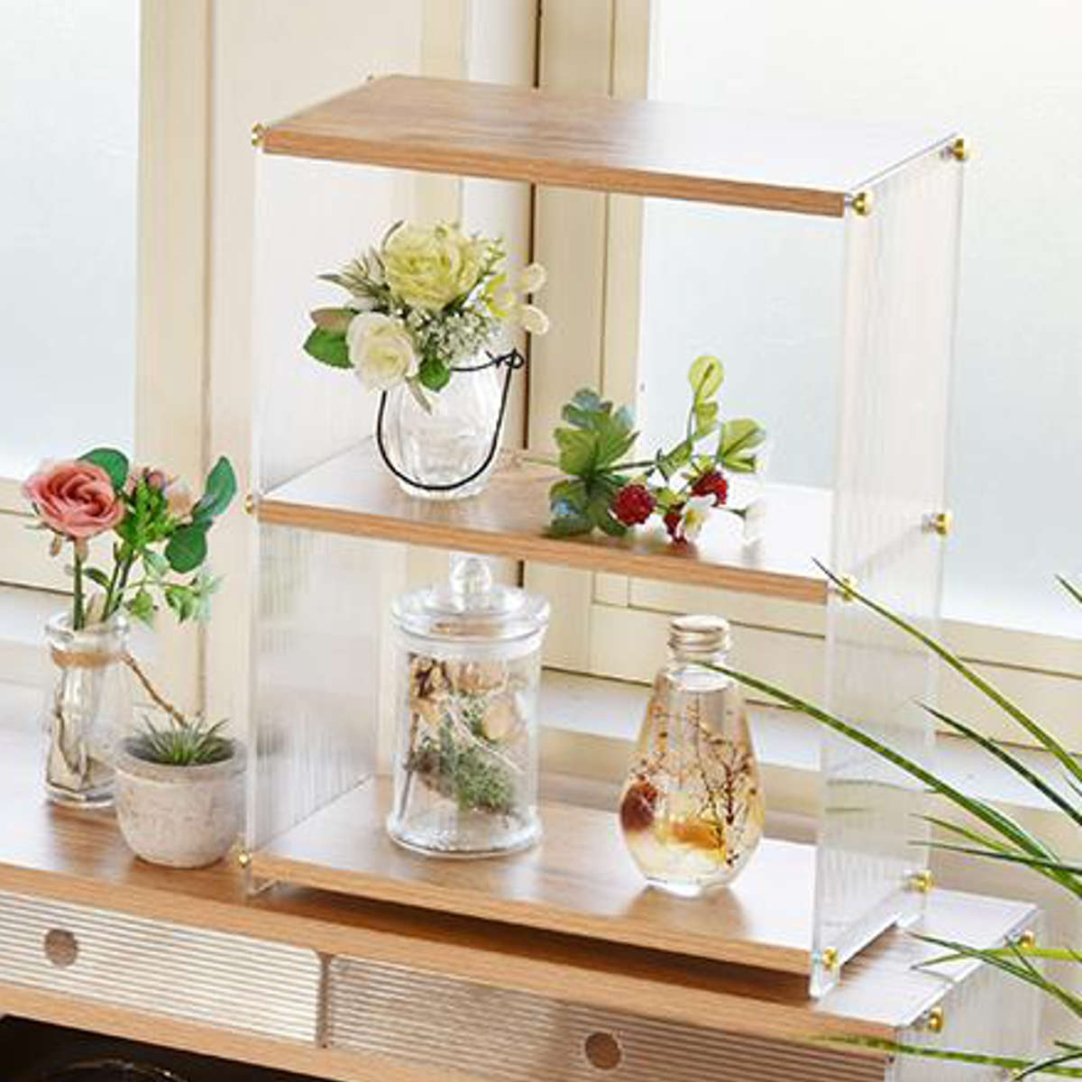 キッチンラック アクリル 収納棚 3段 ( キッチン収納 スパイスラック 調味料ラック 収納ラック カウンター上 シェルフ 木目調 卓上 ディスプレイラック オープンシェルフ デスク収納 リビング コスメ リブ 透け感 丈夫 おしゃれ )