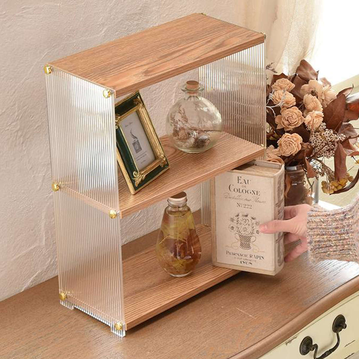 キッチンラック アクリル 収納棚 3段 ( キッチン収納 スパイスラック 調味料ラック 収納ラック カウンター上 シェルフ 木目調 卓上 ディスプレイラック オープンシェルフ デスク収納 リビング コスメ リブ 透け感 丈夫 おしゃれ )