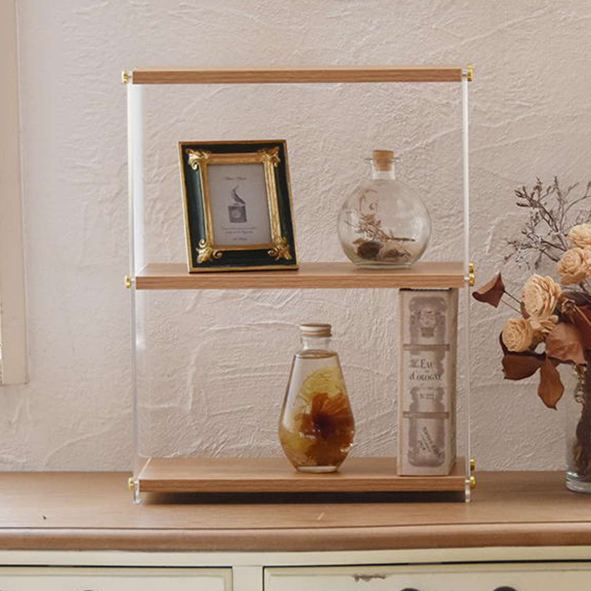 キッチンラック アクリル 収納棚 3段 ( キッチン収納 スパイスラック 調味料ラック 収納ラック カウンター上 シェルフ 木目調 卓上 ディスプレイラック オープンシェルフ デスク収納 リビング コスメ リブ 透け感 丈夫 おしゃれ )