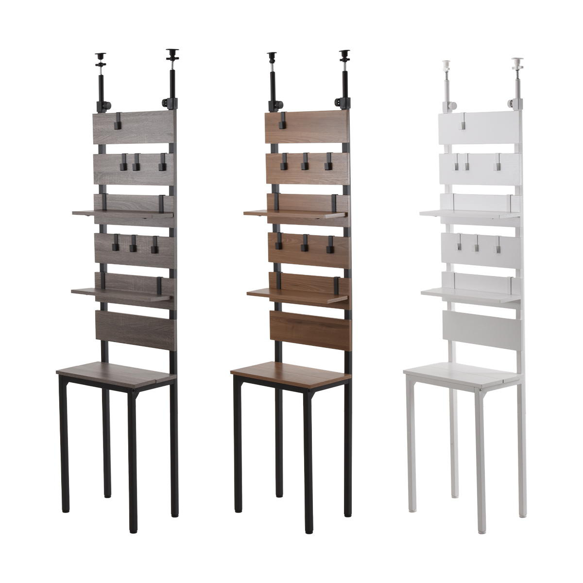 突っ張り 壁面収納 幅45cm 木目調 可動棚 フック付き ( ウォールラック ラダーラック 棚 つっぱり 木目 スリムラック 収納ラック 収納 壁面 ウォールシェルフ オープンラック リビング キッチン フック 棚付き ) 【ホワイト】 ホワイト