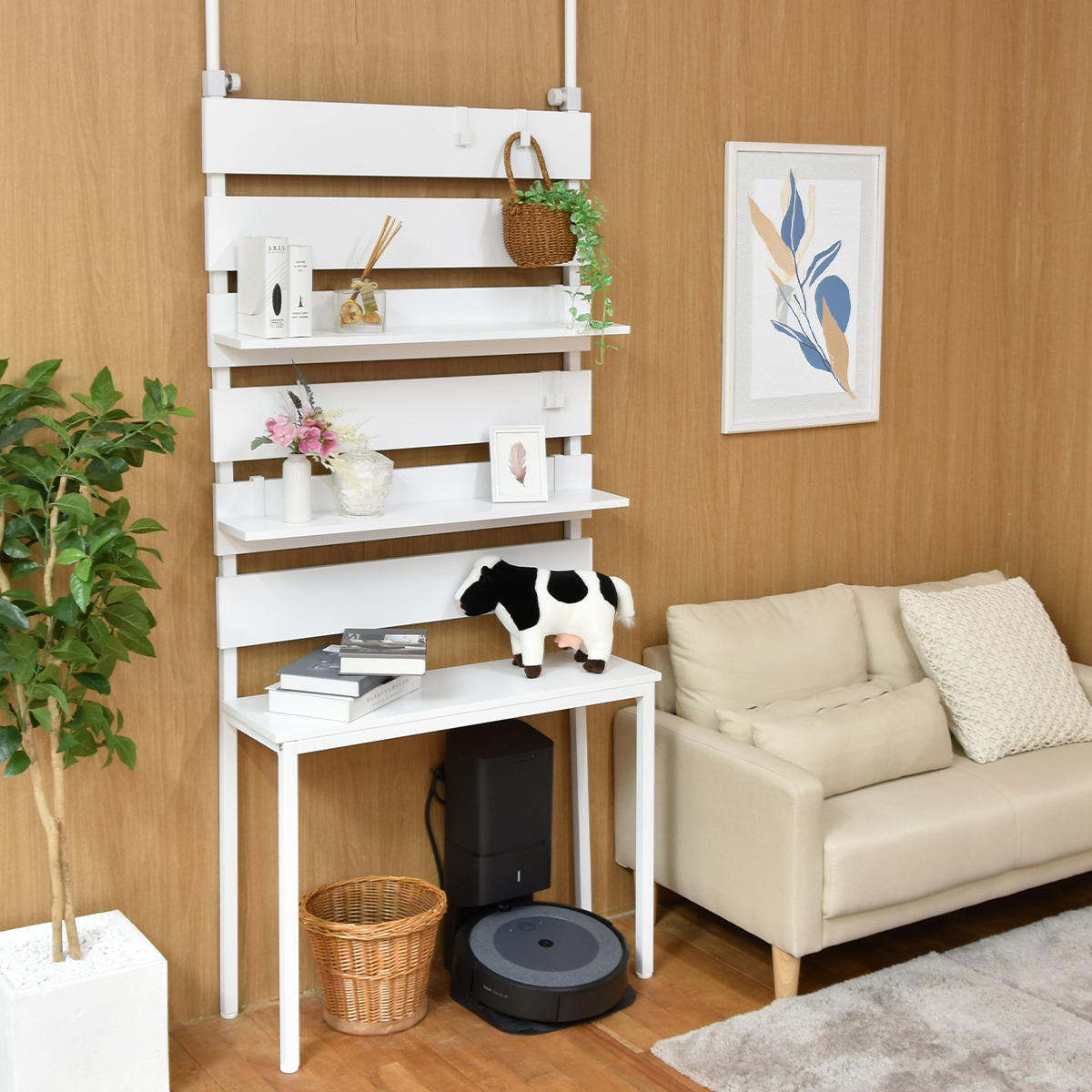 突っ張り 壁面収納 幅80cm 木目調 可動棚 フック付き ( ウォールラック ラダーラック 棚 つっぱり 木目 スリムラック 収納ラック 収納 壁面 ウォールシェルフ オープンラック リビング キッチン フック 棚付き ) 【ライトブラウン】 ライトブラウン