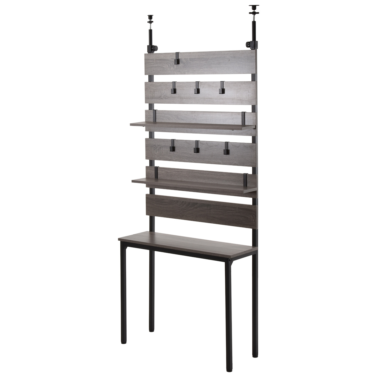 突っ張り 壁面収納 幅80cm 木目調 可動棚 フック付き ( ウォールラック ラダーラック 棚 つっぱり 木目 スリムラック 収納ラック 収納 壁面 ウォールシェルフ オープンラック リビング キッチン フック 棚付き ) 【ライトブラウン】 ライトブラウン