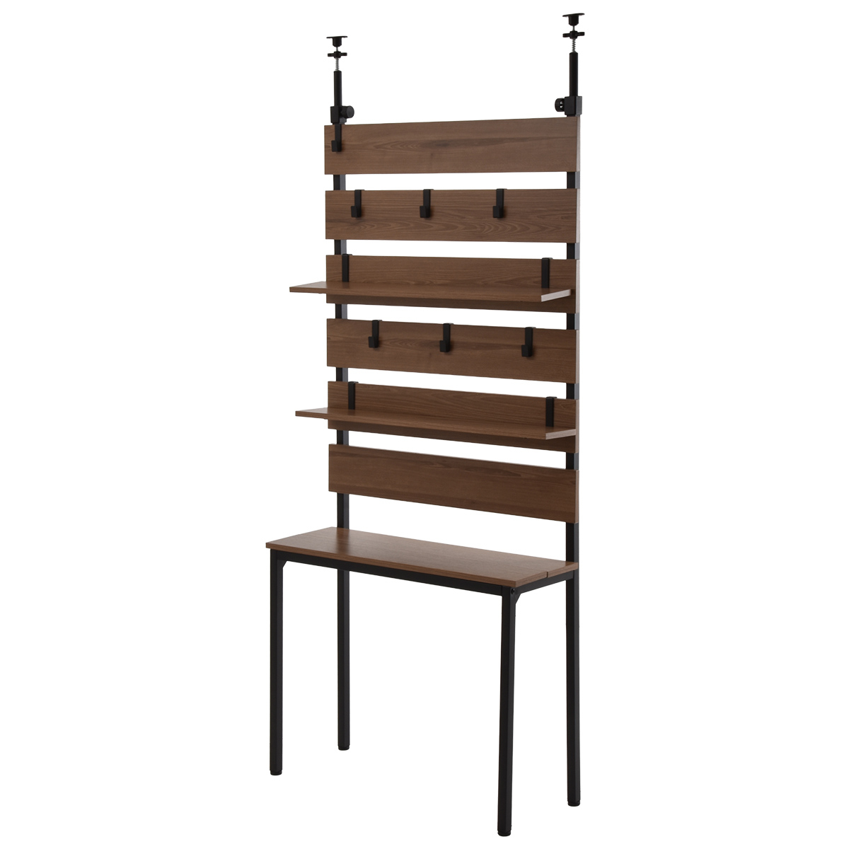 突っ張り 壁面収納 幅80cm 木目調 可動棚 フック付き ( ウォールラック ラダーラック 棚 つっぱり 木目 スリムラック 収納ラック 収納 壁面 ウォールシェルフ オープンラック リビング キッチン フック 棚付き ) 【ライトブラウン】 ライトブラウン