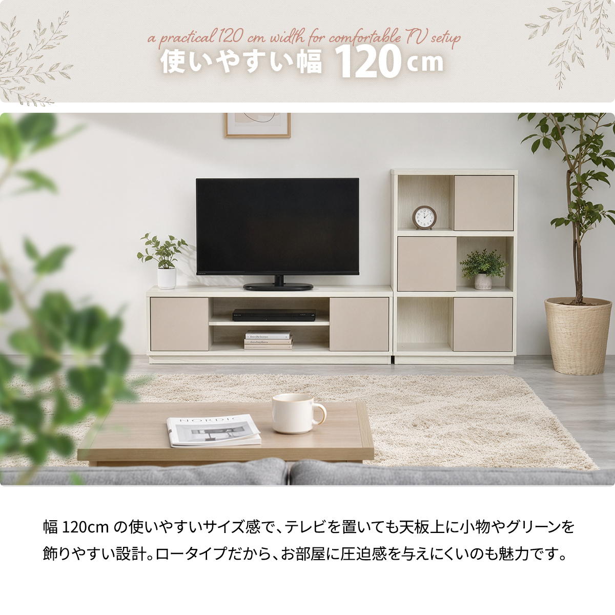テレビ台 ローボード 幅120cm バイカラー ( TV台 テレビボード リビングボード 棚 収納付き ロータイプ オープン棚 スライドドア 薄型設計 木目調 可動棚 ディスプレイラック 引き戸 テレビスタンド 扉付き スリム ) 【ホワイトウッド】 ホワイトウッド