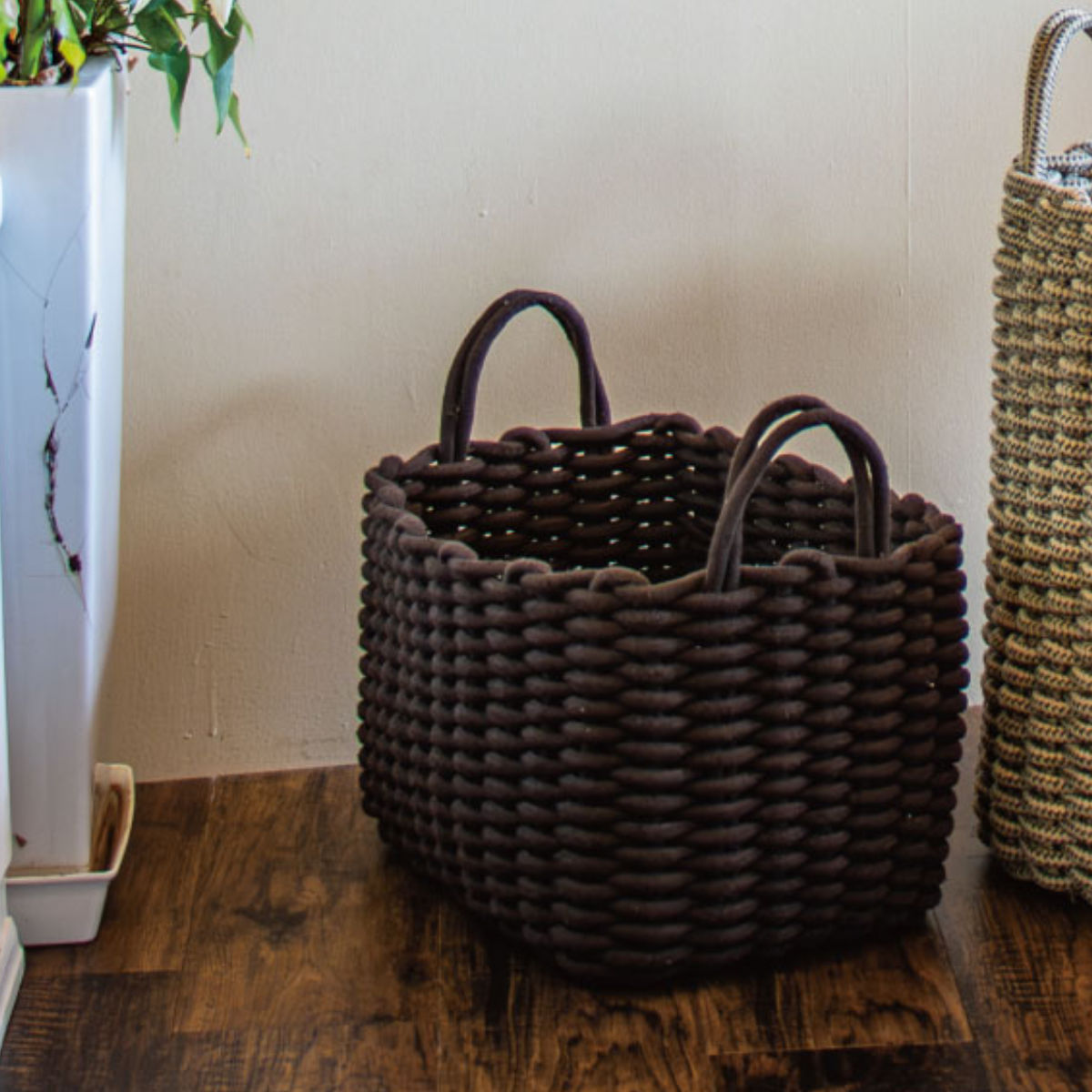 かご コットンロープバスケット スクエア 収納 バスケット 幅35×奥行25×高さ25cm （ ロープストレージ 四角 四角形 収納バスケット 収納ボックス カゴ タオル 洗濯 ランドリーバスケット 持ち手付き おしゃれ ）