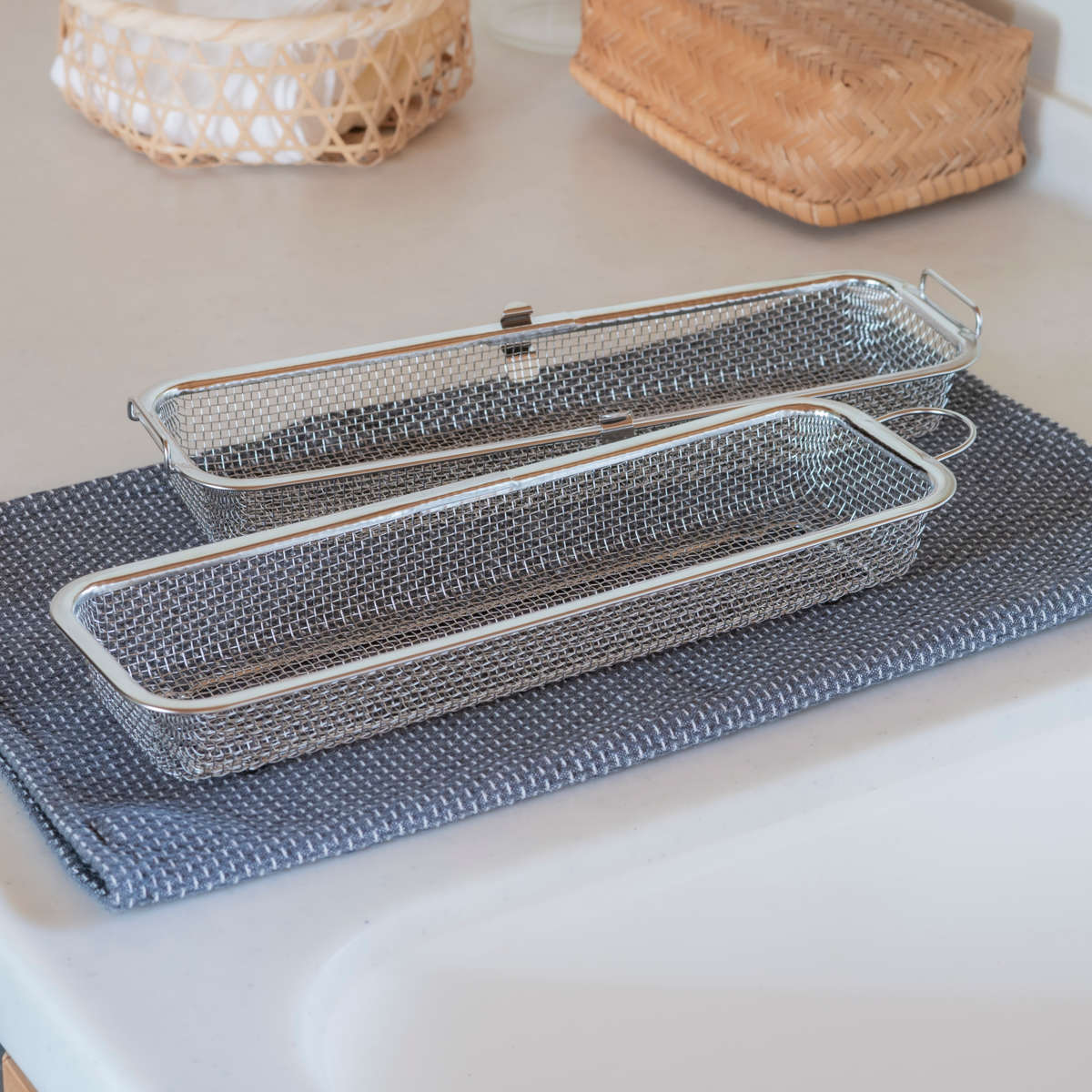 ビーワーススタイル すっきり暮らす 食洗機カゴ ロングタイプ ( 食洗機 かご 水切り 食洗機用小物カゴ 日本製 オールステンレス メッシュかご 小物洗い お弁当用品 カトラリー 水筒パッキン ピック シリコンカップ バラン ざる )