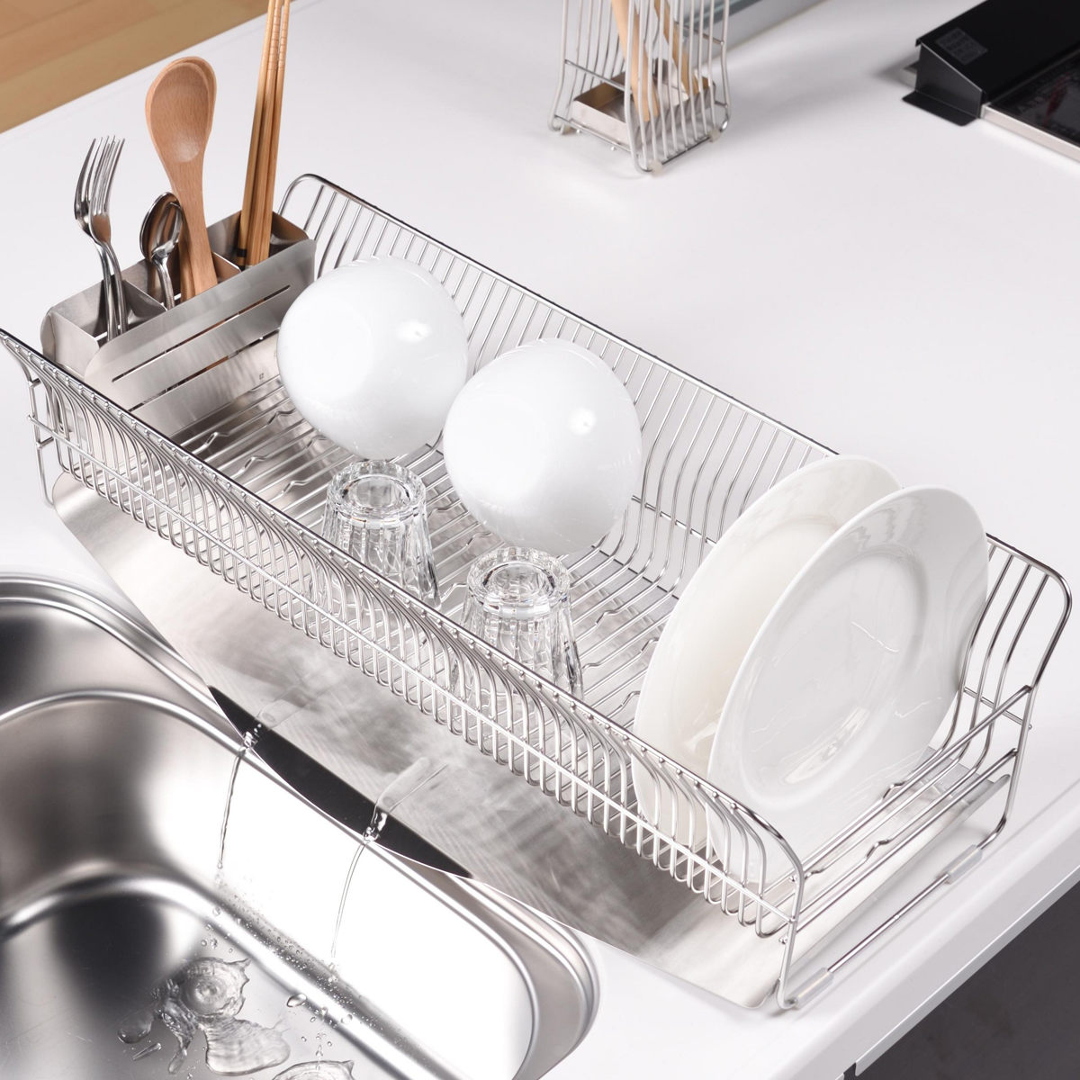 水切ラック hanauta ハナウタ 縦置き ロング カゴ&トレイ ( 水切りかご ステンレス シンク横 食器乾燥ラック 日本製 燕三条 水切り バスケット ラック 皿立て 受け皿 流れる サビにくい 丈夫 )