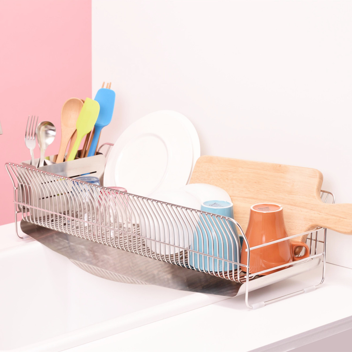 水切ラック hanauta ハナウタ 縦置き ロング カゴ&トレイ ( 水切りかご ステンレス シンク横 食器乾燥ラック 日本製 燕三条 水切り バスケット ラック 皿立て 受け皿 流れる サビにくい 丈夫 )