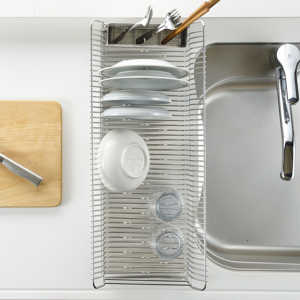 水切ラック hanauta ハナウタ 縦置き ロング カゴ&トレイ ( 水切りかご ステンレス シンク横 食器乾燥ラック 日本製 燕三条 水切り バスケット ラック 皿立て 受け皿 流れる サビにくい 丈夫 )