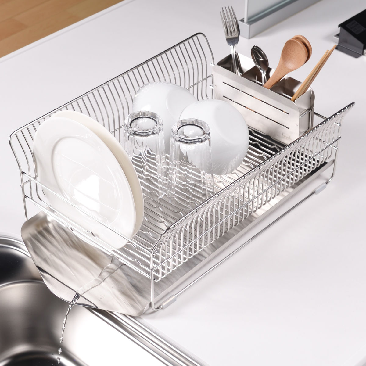 水切りラック hanauta ハナウタ 横置き 縦置き カトラリーポケット付 ローズゴールド ( 水切りかご ステンレス シンク横 食器乾燥ラック 日本製 水切り バスケット ラック 皿立て 受け皿 流れる サビにくい ) 【横置き】 横置き