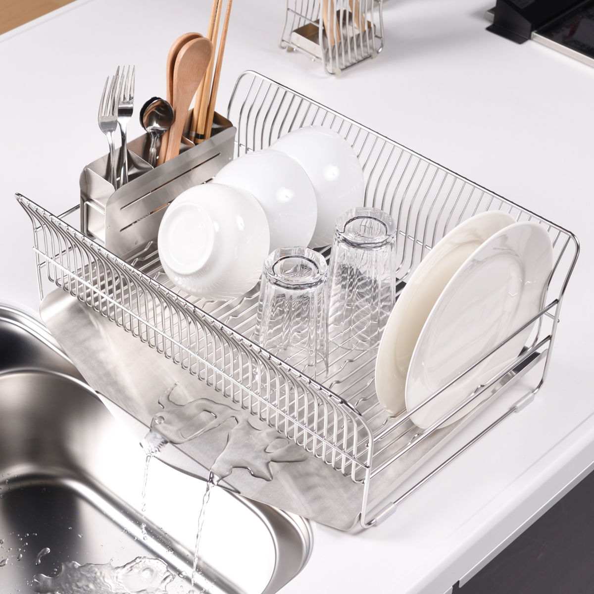 水切りラック hanauta ハナウタ 横置き 縦置き カトラリーポケット付 ローズゴールド ( 水切りかご ステンレス シンク横 食器乾燥ラック 日本製 水切り バスケット ラック 皿立て 受け皿 流れる サビにくい ) 【横置き】 横置き