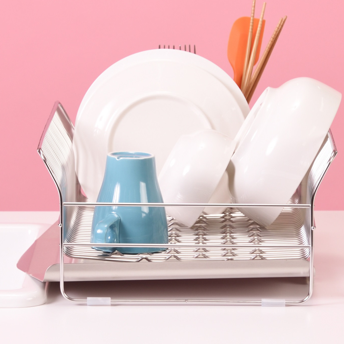 水切りラック hanauta ハナウタ 横置き 縦置き カトラリーポケット付 ローズゴールド ( 水切りかご ステンレス シンク横 食器乾燥ラック 日本製 水切り バスケット ラック 皿立て 受け皿 流れる サビにくい ) 【横置き】 横置き