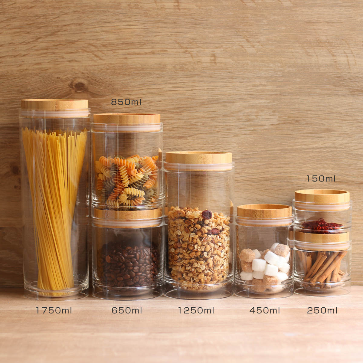 保存容器 450ml 重なるキャニスター バンブー ( キャニスター 密閉 プラスチック 0.45L 竹 保存 容器 ケース スタッキング 積み重ね ストッカー 食品保存容器 スパイスボトル フードストッカー 食品保存 丸型 シリコーン弁付き )