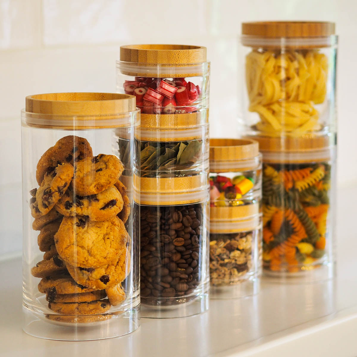 保存容器 450ml 重なるキャニスター バンブー ( キャニスター 密閉 プラスチック 0.45L 竹 保存 容器 ケース スタッキング 積み重ね ストッカー 食品保存容器 スパイスボトル フードストッカー 食品保存 丸型 シリコーン弁付き )