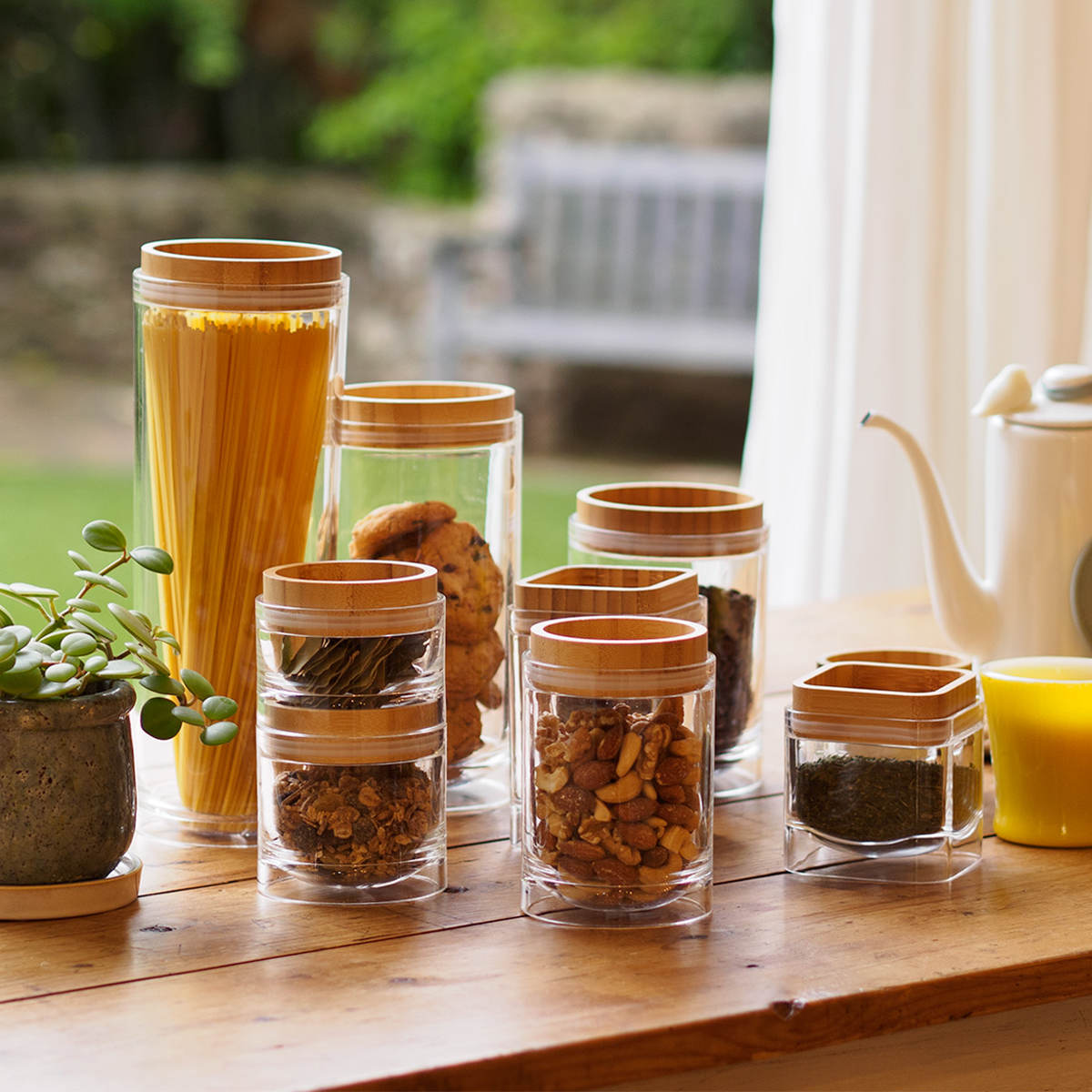 保存容器 450ml 重なるキャニスター バンブー ( キャニスター 密閉 プラスチック 0.45L 竹 保存 容器 ケース スタッキング 積み重ね ストッカー 食品保存容器 スパイスボトル フードストッカー 食品保存 丸型 シリコーン弁付き )