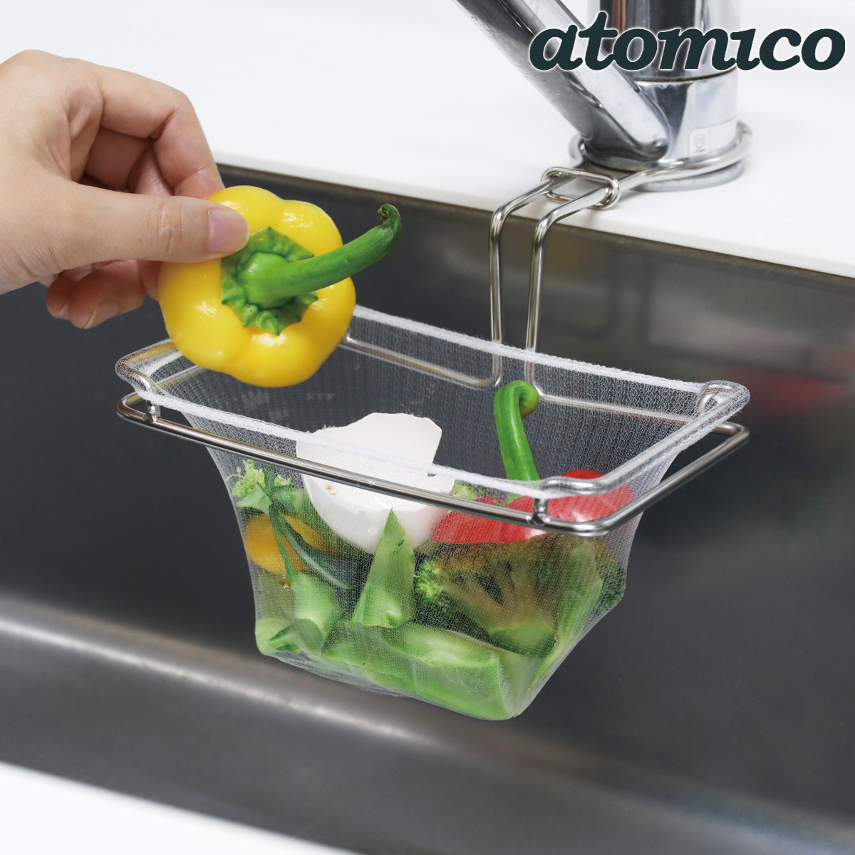 生ごみホルダー 蛇口に付ける 水切りネットホルダー atomico ステンレス （ アトミコ 三角コーナー 蛇口にかける ゴミ袋 水切りネット 蛇口 シンク内 生ゴミ処理 ゴミ箱 流し ネット掛け ）