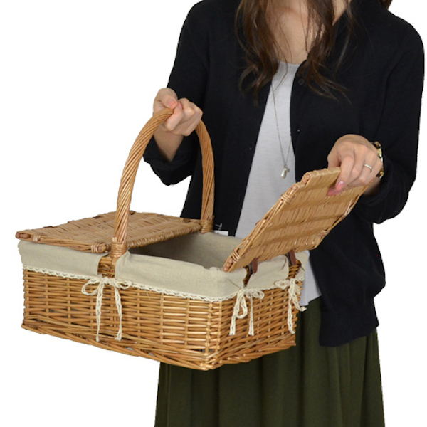 ピクニックバスケット かごバッグ 煮柳バスケット ふた付き 布付き （ 送料無料 カゴバッグ 天然素材 角型 かわいい インテリア雑貨