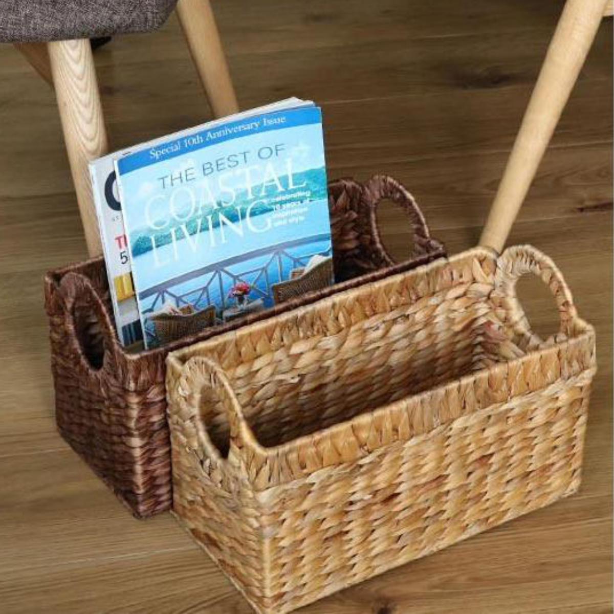 収納 バスケット 持ち手付き 約 幅35×奥行17×高22cm 小物入れ ウォーターヒヤシンス ダークブラウン ( 収納ボックス 小物 収納ケース かご カゴ 自然素材 ナチュラル 籠 リビング収納 本 アジアン ) 【ナチュラル】 ナチュラル