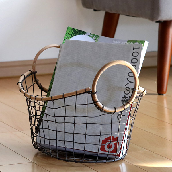 ⑲ワイヤーと籐の収納バスケット2個セット ワイヤーバスケット 籐の