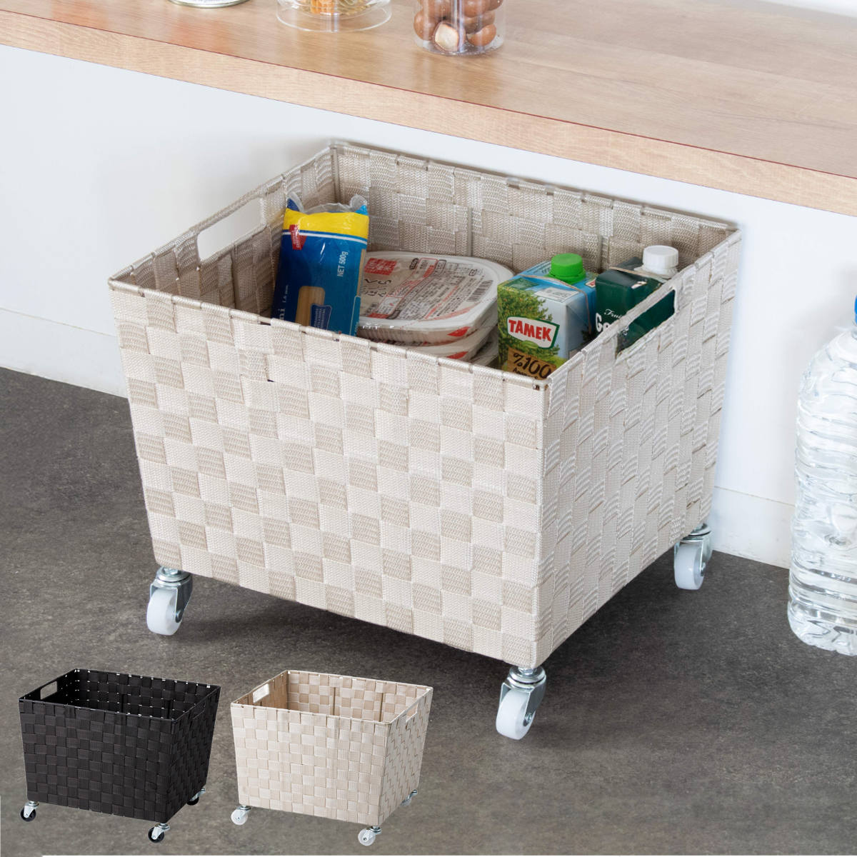 収納ボックス PPバスケット キャスター付き 荷物置き 幅40×奥行35×高さ26.5cm ( 収納 収納バスケット 収納かご バスケット 深型 収納ケース かご カゴ 小物入れ キャスター 付き 荷物入れ カフェ 飲食店 ) 【ベージュ】