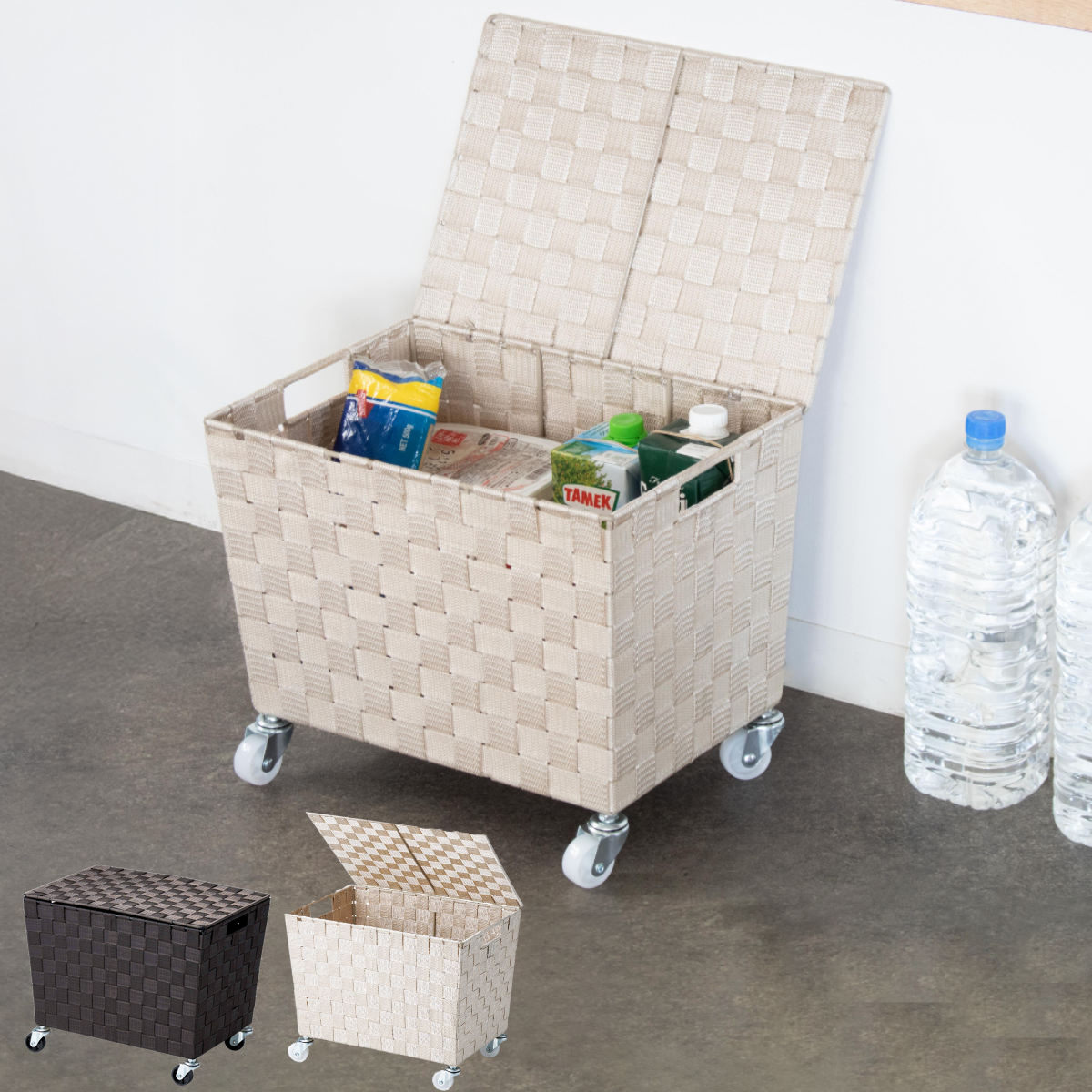 収納ボックス PPバスケット ふた付き キャスター付き 幅38×奥行26×高さ25cm ( 収納 収納バスケット 収納かご バスケット 深型 収納ケース かご カゴ 小物入れ キャスター ふた 付き 荷物入れ カフェ 飲食店 ) 【ベージュ】