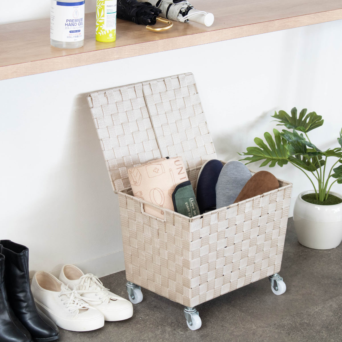 収納ボックス PPバスケット ふた付き キャスター付き 幅38×奥行26×高さ25cm ( 収納 収納バスケット 収納かご バスケット 深型 収納ケース かご カゴ 小物入れ キャスター ふた 付き 荷物入れ カフェ 飲食店 ) 【ダークブラウン】 ダークブラウン