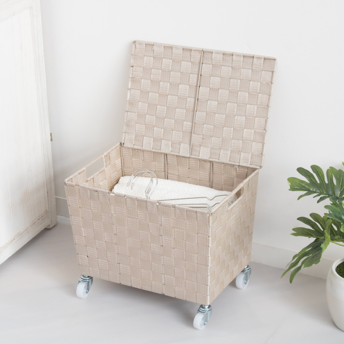 収納ボックス PPバスケット ふた付き キャスター付き 幅38×奥行26×高さ25cm ( 収納 収納バスケット 収納かご バスケット 深型 収納ケース かご カゴ 小物入れ キャスター ふた 付き 荷物入れ カフェ 飲食店 ) 【ダークブラウン】 ダークブラウン