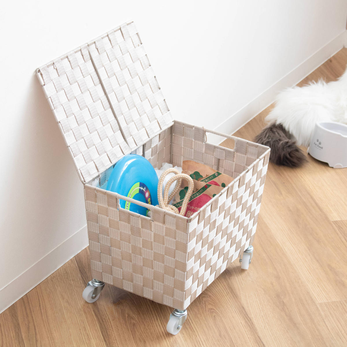 収納ボックス PPバスケット ふた付き キャスター付き 幅38×奥行26×高さ25cm ( 収納 収納バスケット 収納かご バスケット 深型 収納ケース かご カゴ 小物入れ キャスター ふた 付き 荷物入れ カフェ 飲食店 ) 【ダークブラウン】 ダークブラウン