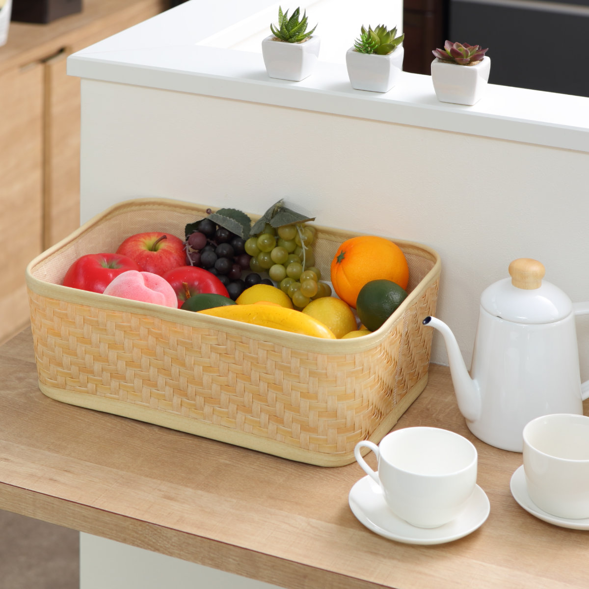 バスケット クローンバンブー 角型 M 洗える 幅38×奥行26×高さ13cm ( かご カゴ 籠 竹 フェイク PE 水洗い 天然素材風 収納 小物収納 収納かご 小物入れ おしゃれ 丈夫 キッチン 洗面所 ランドリー 竹かご風 )