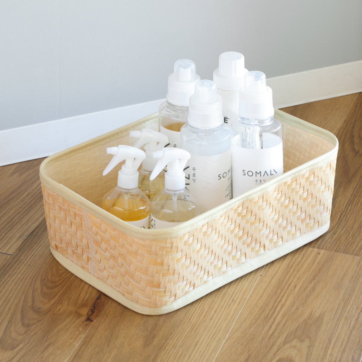 バスケット クローンバンブー 角型 M 洗える 幅38×奥行26×高さ13cm ( かご カゴ 籠 竹 フェイク PE 水洗い 天然素材風 収納 小物収納 収納かご 小物入れ おしゃれ 丈夫 キッチン 洗面所 ランドリー 竹かご風 )