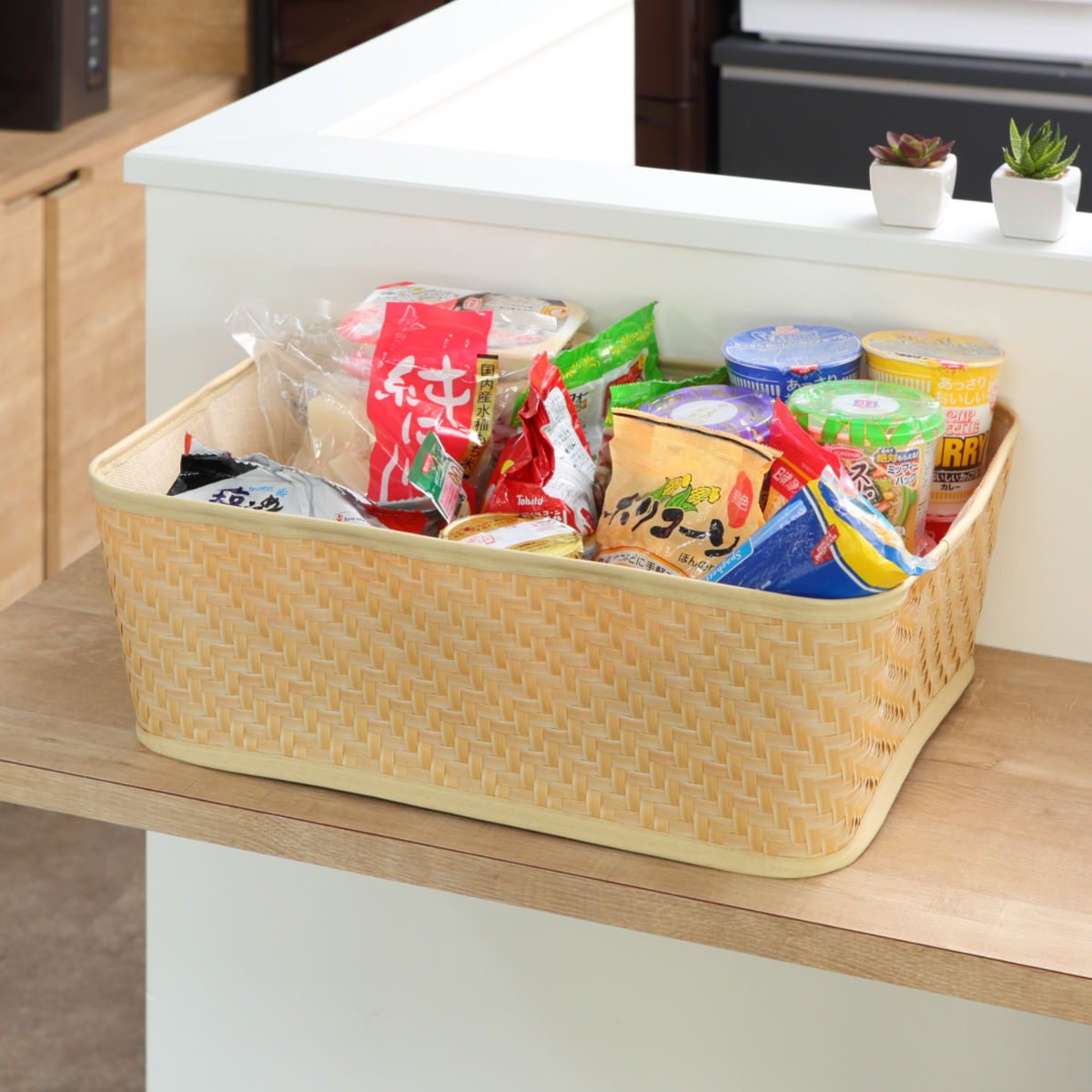 バスケット クローンバンブー 角型 L 洗える 幅54×奥行38×高さ17.5cm ( かご カゴ 籠 竹 フェイク PE 水洗い 天然素材風 収納 小物収納 収納かご 小物入れ おしゃれ 丈夫 キッチン 洗面所 ランドリー 竹かご風 )