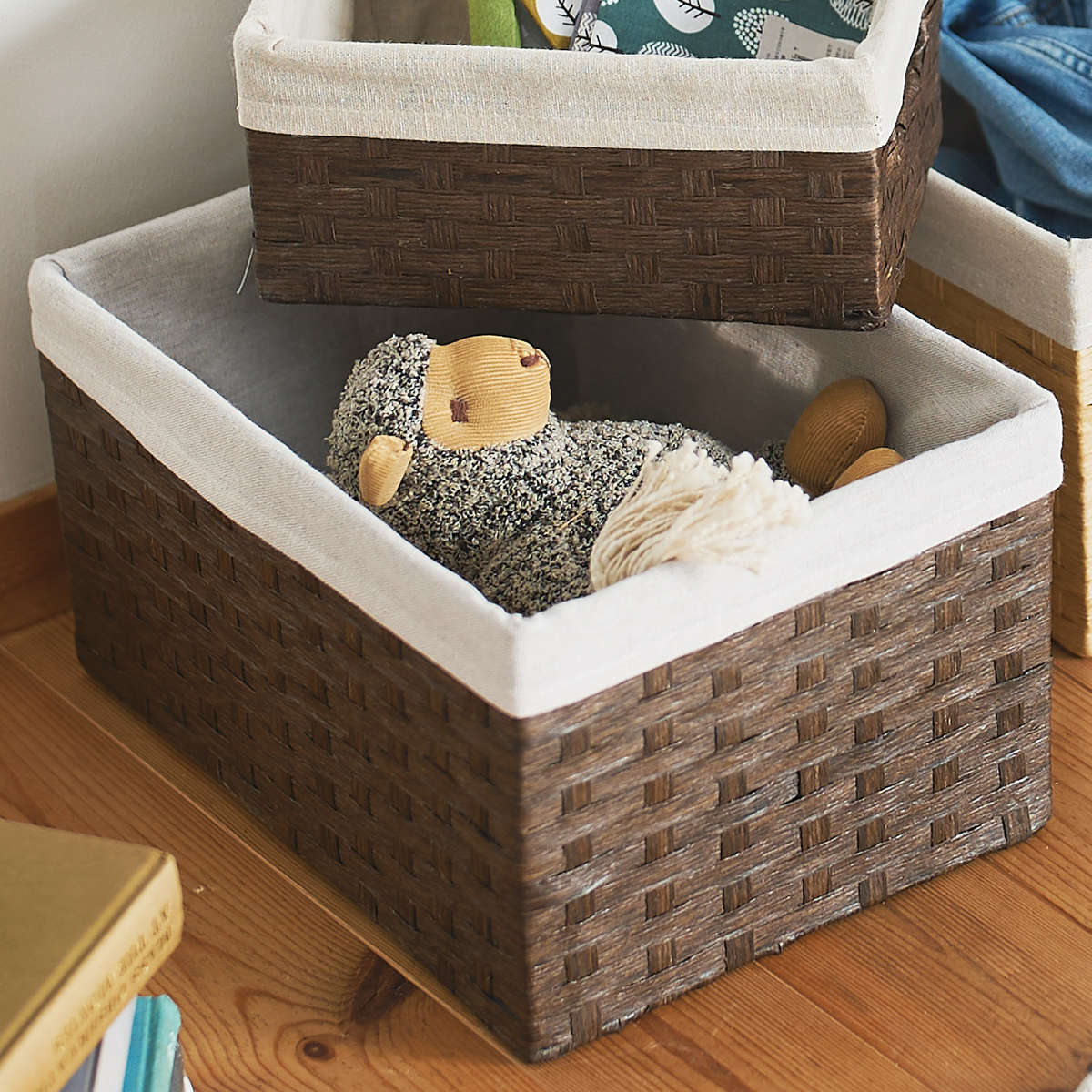 カゴ 収納ボックス ペーパー バスケット 布付き 収納 幅18×奥行26×高さ20cm ( 収納ケース 小物収納 卓上 小物 卓上収納 インナーボックス 棚上収納 ナチュラル かご 籠 カラーボックス 衣類収納 リビング収納 ) 【ベージュ】 ベージュ