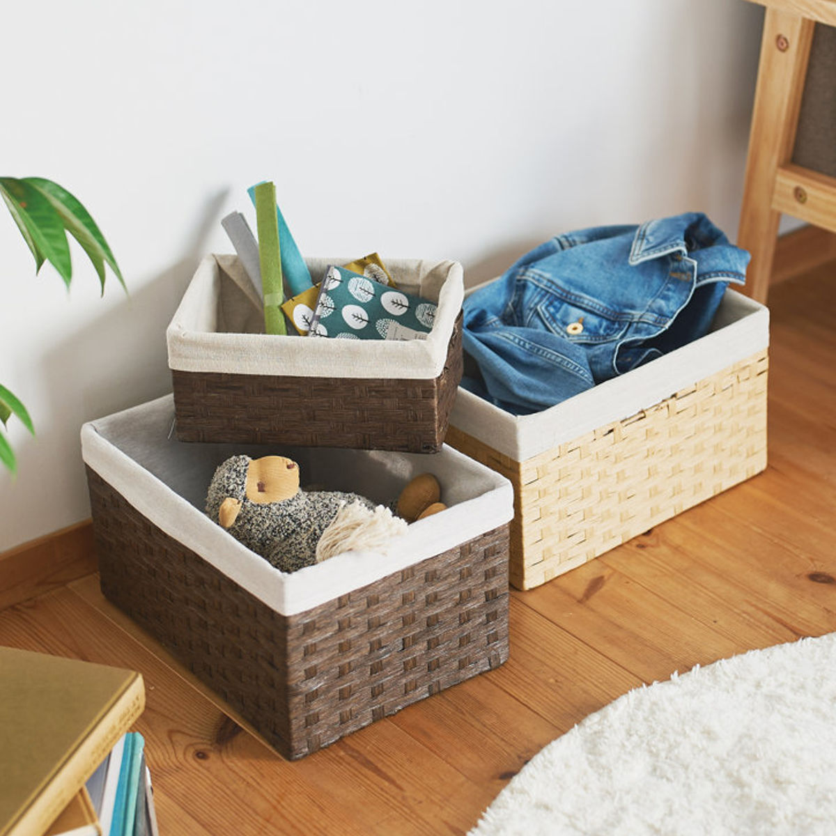 カゴ 収納ボックス ペーパー バスケット 布付き 収納 幅18×奥行26×高さ20cm ( 収納ケース 小物収納 卓上 小物 卓上収納 インナーボックス 棚上収納 ナチュラル かご 籠 カラーボックス 衣類収納 リビング収納 ) 【ベージュ】 ベージュ